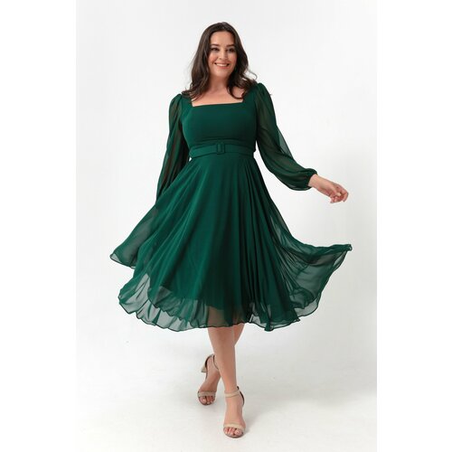 Lafaba Women's Emerald Green Square Neckline With Belt Midi Chiffon Plus Size Evening Dress. Slike