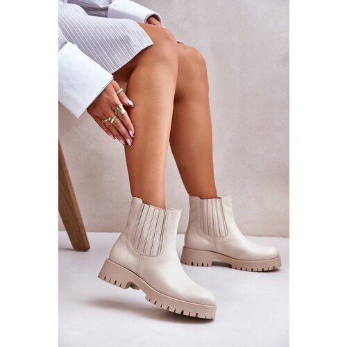 Lewski Shoes Women Slip-On Boots On Flat Heel Leather Light Beige Lewski 3611 Slike