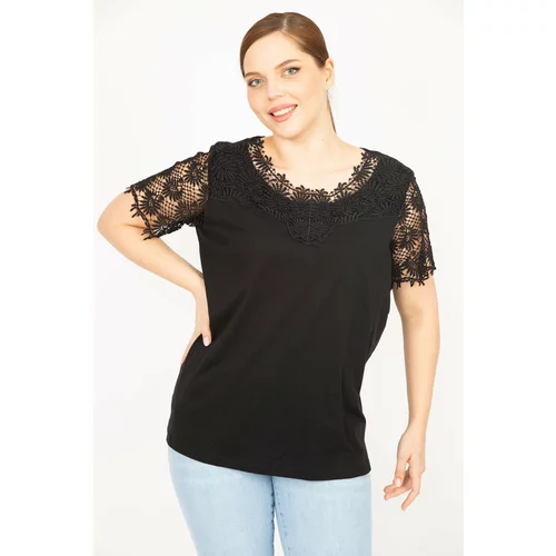 Şans Women's Black Plus Size Cotton Fabric Lace Detail Blouse