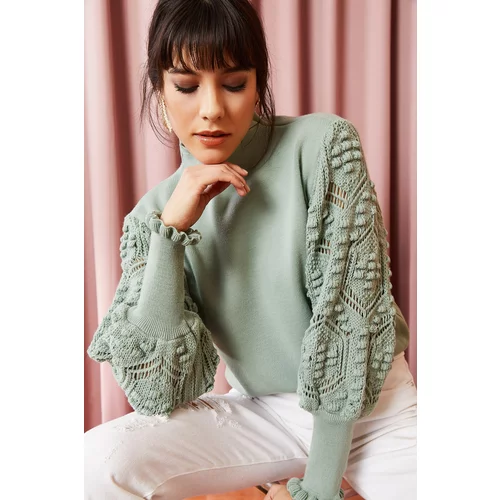 Olalook Women's Mint Green Sleeve Detail, Soft Textured Knitwear Sweater
