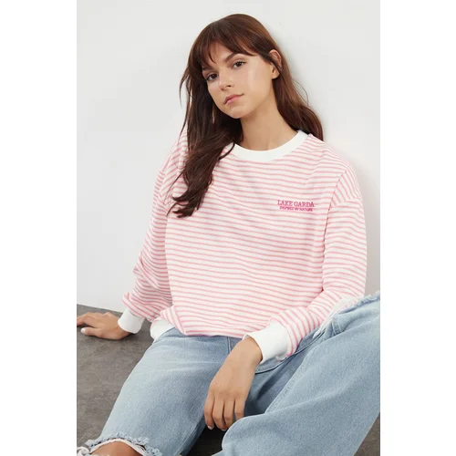 Trendyol Pink Striped Slogan Embroidered Oversize/Wide Fit Long Sleeve Knitted Sweatshirt