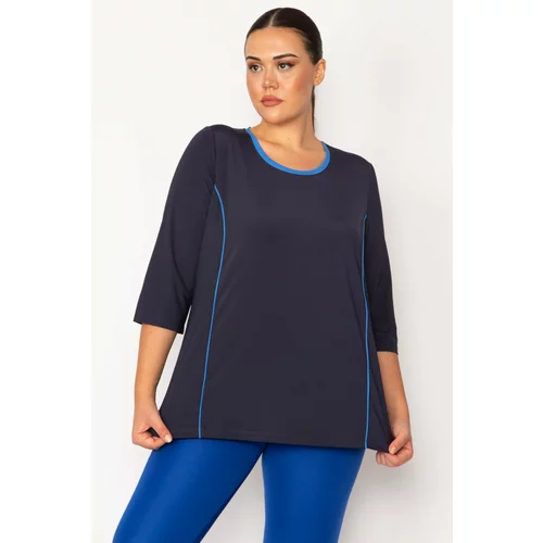 Şans Women's Plus Size Navy Blue Piping And Cup Detailed Tunic