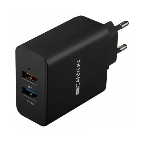 Canyon H-07 Universal 2xUSB AC charger (in wall) with over-voltage protection(1 USB with Quick Charger QC3.0), Input 100V-240V, Output USB/5V-2.4A+QC3.0/5V-2.4A&9V-2A&12V-1.5A, with Smart IC, Black rubber coating+QC3.0 port in blue/other port in orange, 9 Cene