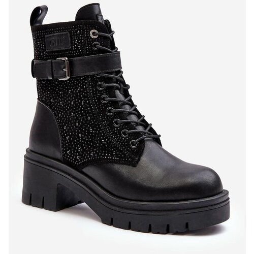Kesi Leather work ankle boots decorated with rhinestones GOE Black Slike