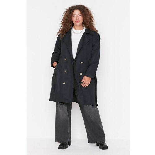 Trendyol Curve Black Shoulders Epaulette Detailed Jacket Collar Belted Long Trench Coat Slike