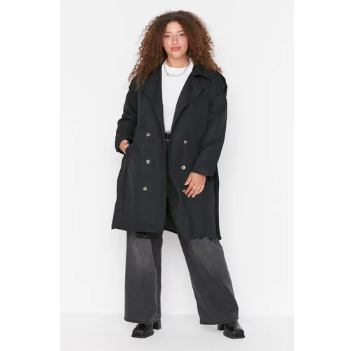 Trendyol Curve Black Shoulders Epaulette Detailed Jacket Collar Belted Long Trench Coat