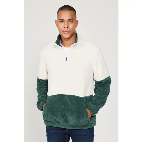 AC&Co / Altınyıldız Classics Men's Tas-dark Green Standard Fit Bato Collar Kangaroo Two-Color Sherpa Fleece Sweatshirt with Pocket.