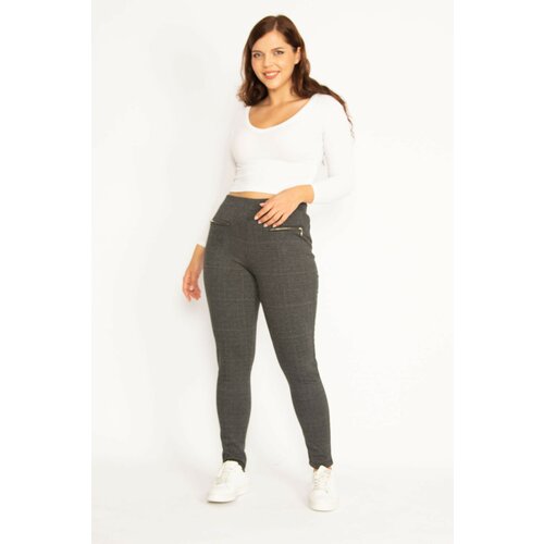 Şans Women's Plus Size Smoked Checkered Plaid Patterned Zipper Pocket Leggings Slike