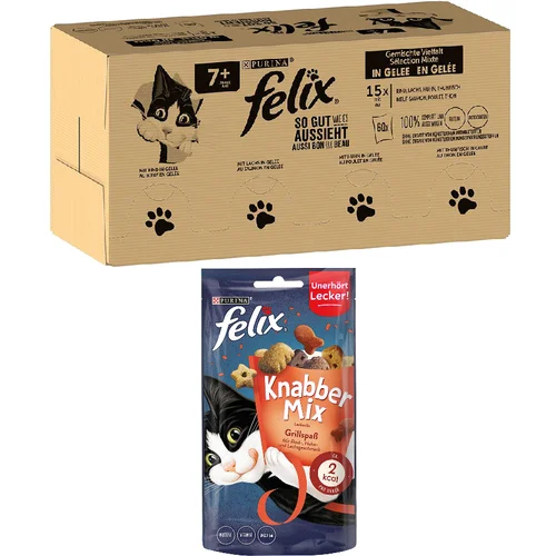 Felix 120 x 85 g mokra hrana + 60 g KnabberMix Snack gratis! - Senior (govedina, losos, piletina, tuna) +Zabava na roštiljanju 60 g