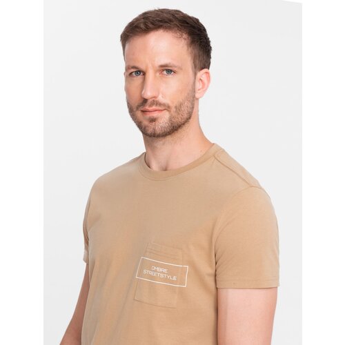 Ombre Men's cotton t-shirt with pocket print Streetstyle - sand Cene