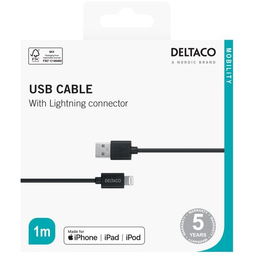 Deltaco Lightning kabel, 1m, Apple C189 čipset, MFi, FSC-označeno pakiranje, črna Slike
