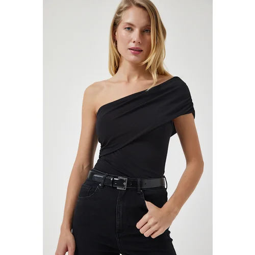  Women's Black One-Shoulder Gathered Knitted Blouse