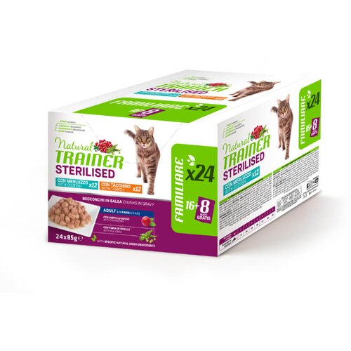 Natural trainer Cat Multipack Steril. Adult, vrečka - puran, trska - 24 x 85 g Cene