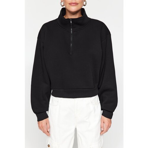 Trendyol Black Relaxed-Cut Crop Basic Zipper Stand-Up Collar Thick Fleece Inner Knitted Sweatshirt Slike