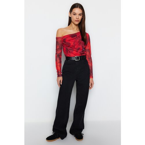 Trendyol Red Tulle Lined Asymmetric Collar Knitted Knitted Blouse Cene