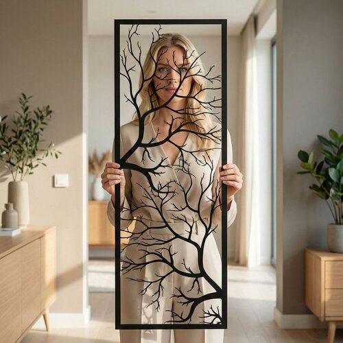 Wallxpert metalni zidni ukras 5234, grane drveta u uskom vertikalnom ramu, 34 x 100 cm, crni Cene