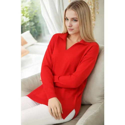 Dewberry 83295 Polo Neck Long Sleeve Slit Sweater-RED