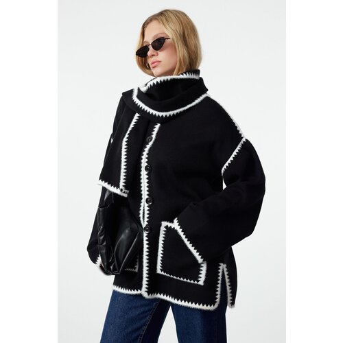 Trendyol Black Soft Textured Scarf Beard Detailed Knitwear Cardigan Cene