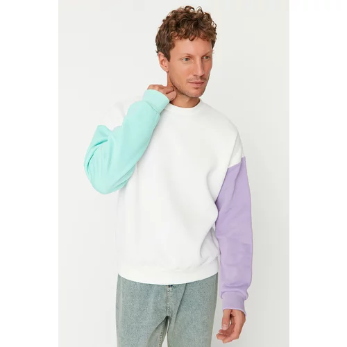 Trendyol Ecru Men's Oversize Fit Long Sleeve Crew Neck Paneled Sweatshirt