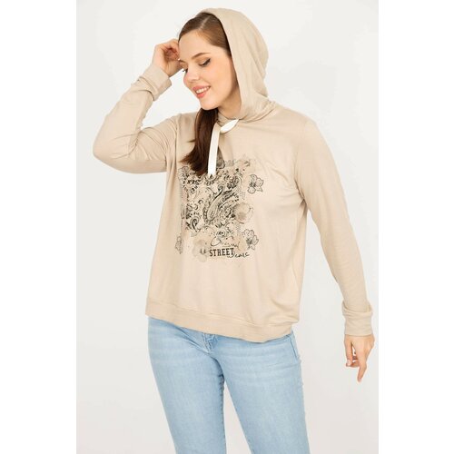 Şans Women's Mink Plus Size Hooded Print And Stone Detailed Sweatshirt Cene