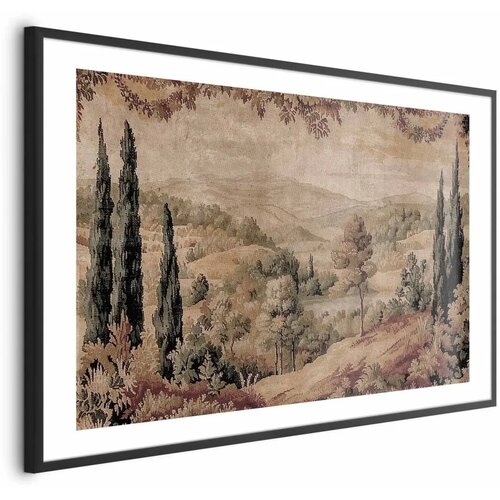  Plakat - Mediterranean Landscape - Old Tapestry with a Hill and Lake 60x90 Crni okvir s margom Cene
