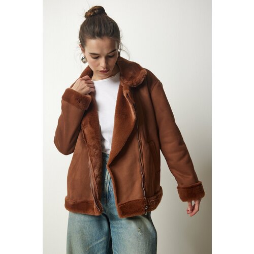 Happiness İstanbul Women's Brown Shearling Nubuck Coat Cene