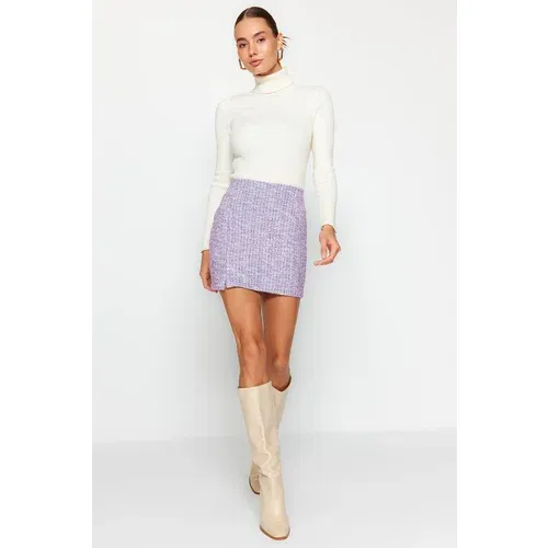 Trendyol Purple Zipper and Slit Tweed Regular Waist Mini Knitted Mini Skirt