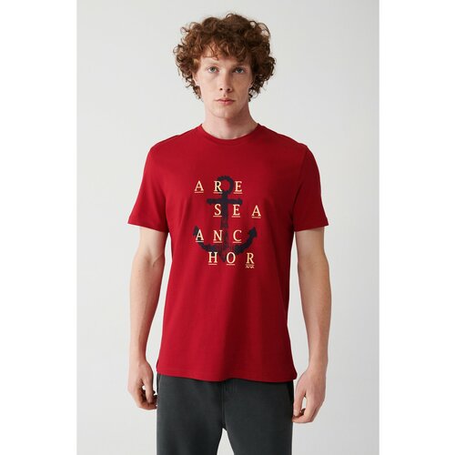 Avva Men's Red 100% Cotton Crew Neck Front Printed Standard Fit Regular Fit T-shirt Cene