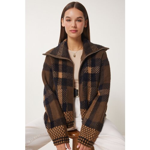 Happiness İstanbul Women's Brown Beige Checked Zippered Knitwear Cardigan Slike