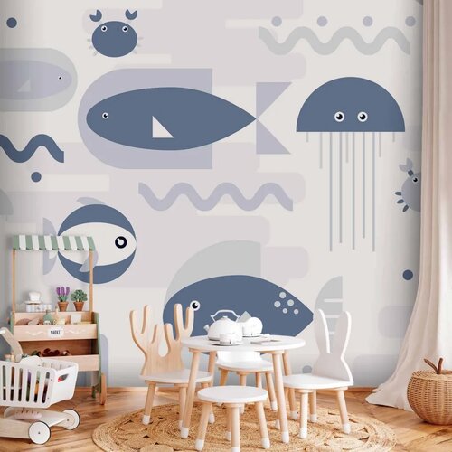  Foto tapeta - Minimalist ocean - geometric fish and crabs in water for kids 450x315 Vodootporna Cijene