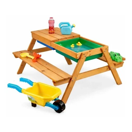 Kinder Home dječji drveni stol s klupama i pje&scaron;čanikom 2u1, podizna ploča, 90x86x50 cm Cijene