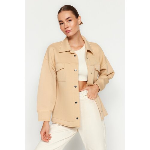 Trendyol Beige Oversize/Wide-Frame Polo Collar with Pockets and Buttons, Fleece Inner Knitted Jacket Slike