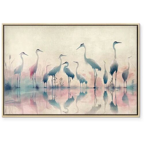  Slika - Birds by the lake - herons painted in watercolour in delicate grey and pink colours 90x60 U prirodnom drvenom okviru Slike