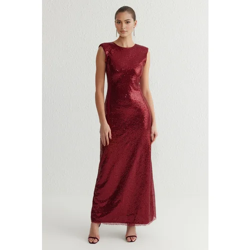 Trendyol Burgundy Sequin Knitted Stylish Evening Dress