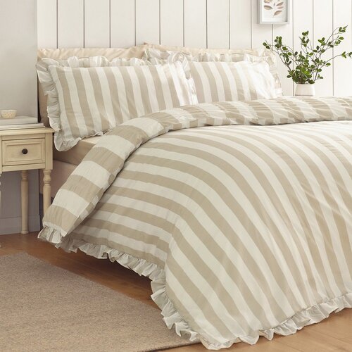 Catherine Lansfield Bež 3-dijelna posteljina za bračni krevet 200x200 cm Seersucker Frill Stripe &amp;ndash; Slike