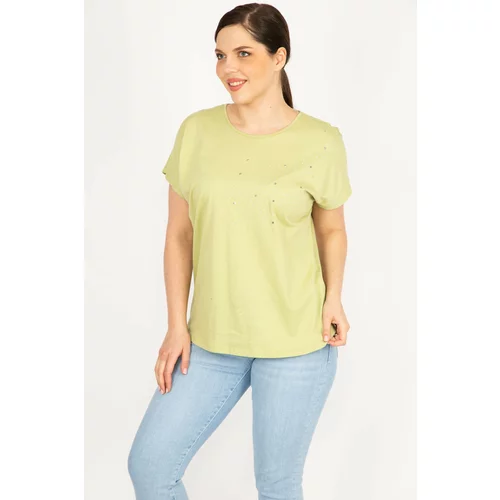Şans Women's Green Plus Size Cotton Fabric Stone Detailed Blouse