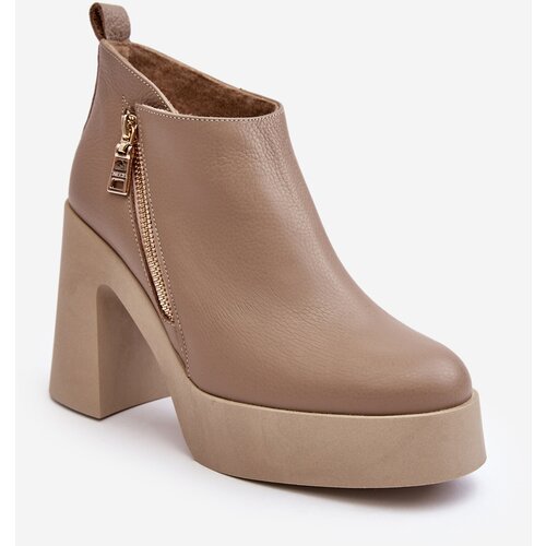 Kesi Women's Solid High Heel Ankle Boots with Zipper Zazoo Beige Cene