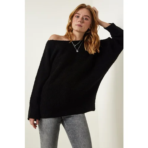  Women's Black Boat Neck Seasonal Oversize Knitwear Sweater