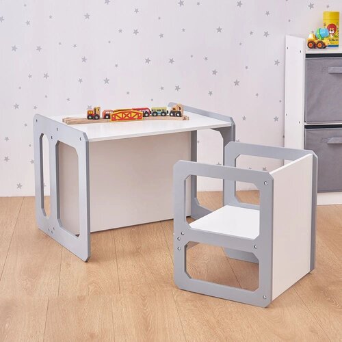 Kinder Home Montessori dečiji sto i stolica, drveni set 3 u 1, belo sivi Slike