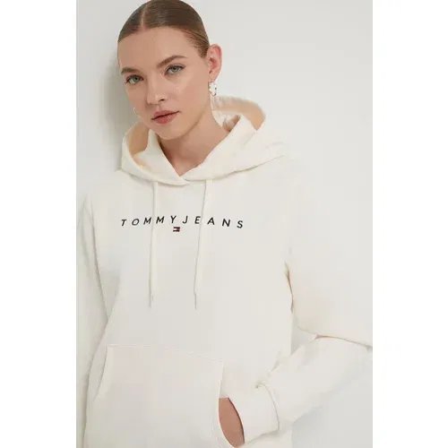 Tommy Jeans Pulover ženska, bež barva, s kapuco