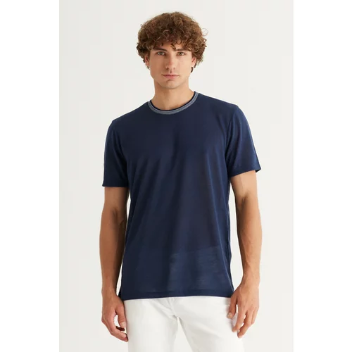 AC&Co / Altınyıldız Classics Men's Navy Blue Slim Fit Slim Fit Crew Neck Linen-Looking Short Sleeve T-Shirt.