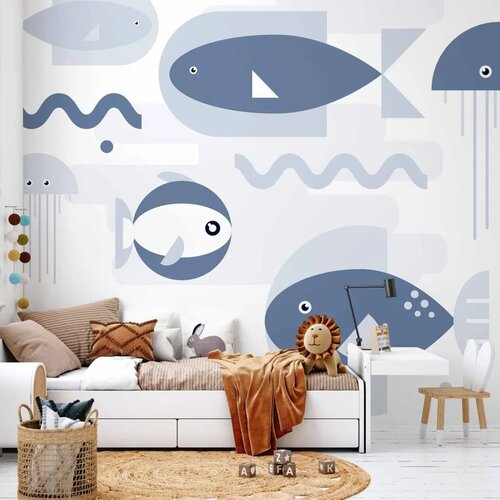  Foto tapeta - Minimalist ocean - geometric fish and crabs in water for kids 250x175 Standard Cijene