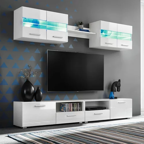 vidaXL Stenska TV enota 5-delna z LED osvetlitvijo visok sijaj bela