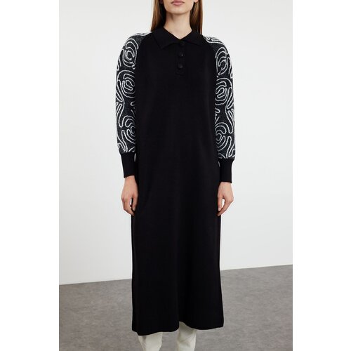 Trendyol Black Polo Neck Sleeves Patterned Knitwear Dress Cene