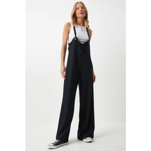 Happiness İstanbul Women's Black Strap Wide Leg Summer Knitted Jumpsuit