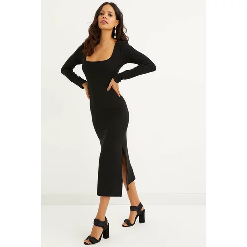 Cool & Sexy Women's Black Square Collar Double Slit Midi Dress