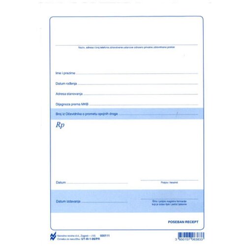 NARODNE NOVINE-UT III-1-99/PR POSEBAN RECEPT; Komplet 2 lista, 14,8 x 21 cm Slike