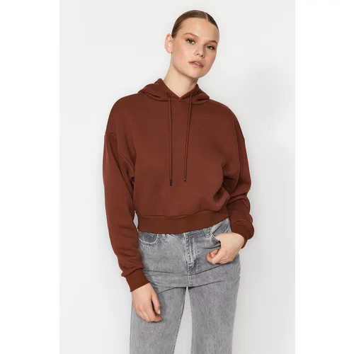 Trendyol Brown Thick Fleece Hoodie. Relaxed-Cut Crop Basic Knitted Sweatshirt