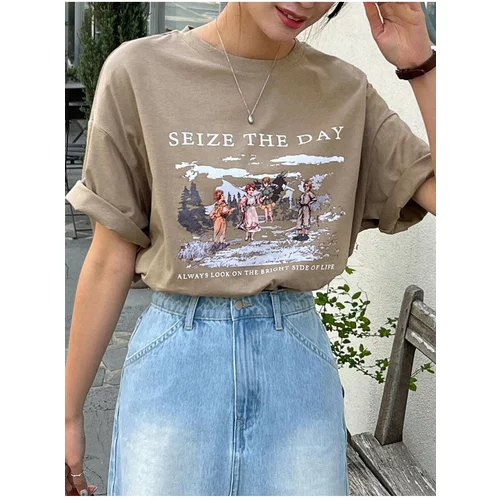 Know Women's Brown Seize The Day Oversized T-shirt with Print