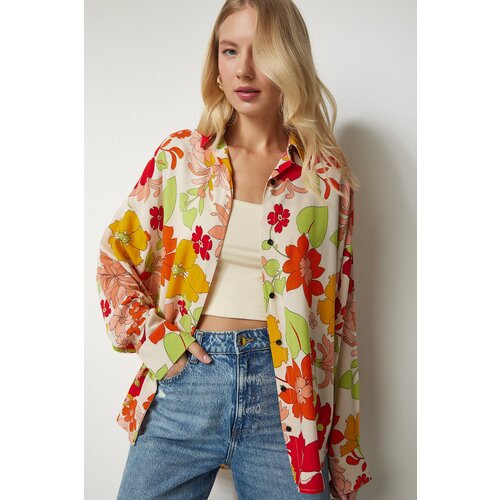  Women&amp;#039;s Cream Orange Patterned Oversized Flowy Viscose Shirt Slike